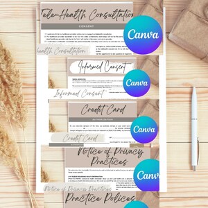 May include: A set of printable forms for tele-health consultations. The forms include a consent form, an informed consent form, a credit card authorisation form, a notice of privacy practices form, and a practice policies form. The forms are designed in a minimalist style with a beige background and black text.