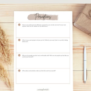 May include: A printable worksheet with the title "Perceptions" and four questions about self-awareness and personal growth. The questions are: "How is your public persona different compared to your private persona?", "What do you want people to know you for?", "Who are the people you feel most comfortable with?", and "What places and activities make you feel alive and truly yourself?"