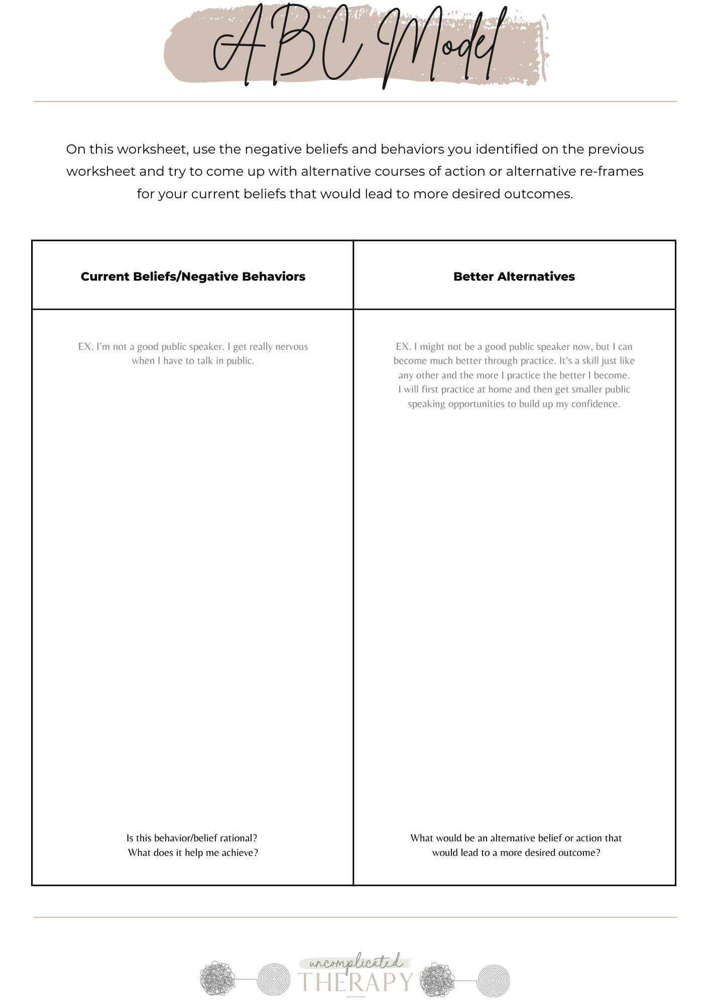 ABC Model Worksheets (2) For Therapists Counselors Coaches Clients