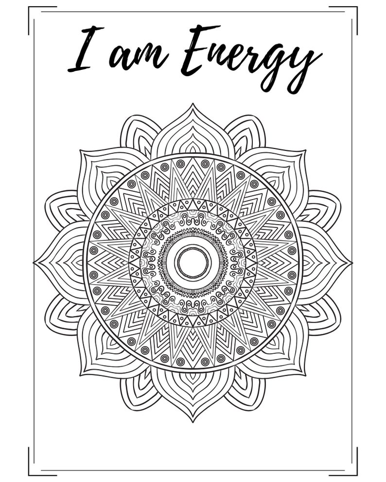 Ausmalbild zum Ausmalen, Mandala Print: Ich bin Energie, Therapie