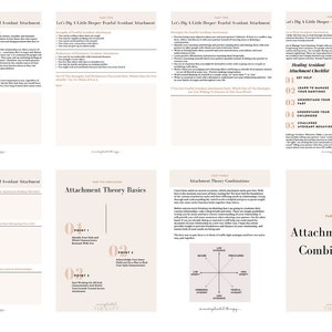May include: A collection of eight beige and white pages with text about attachment styles. The pages include titles like "Let's Dig A Little Deeper: Fearful Avoidant Attachment" and "Attachment Theory Basics". The text is in a simple, readable font.