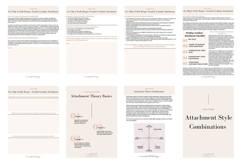 May include: A collection of eight beige and white pages with text about attachment styles. The pages include titles like "Let's Dig A Little Deeper: Fearful Avoidant Attachment" and "Attachment Theory Basics". The text is in a simple, readable font.