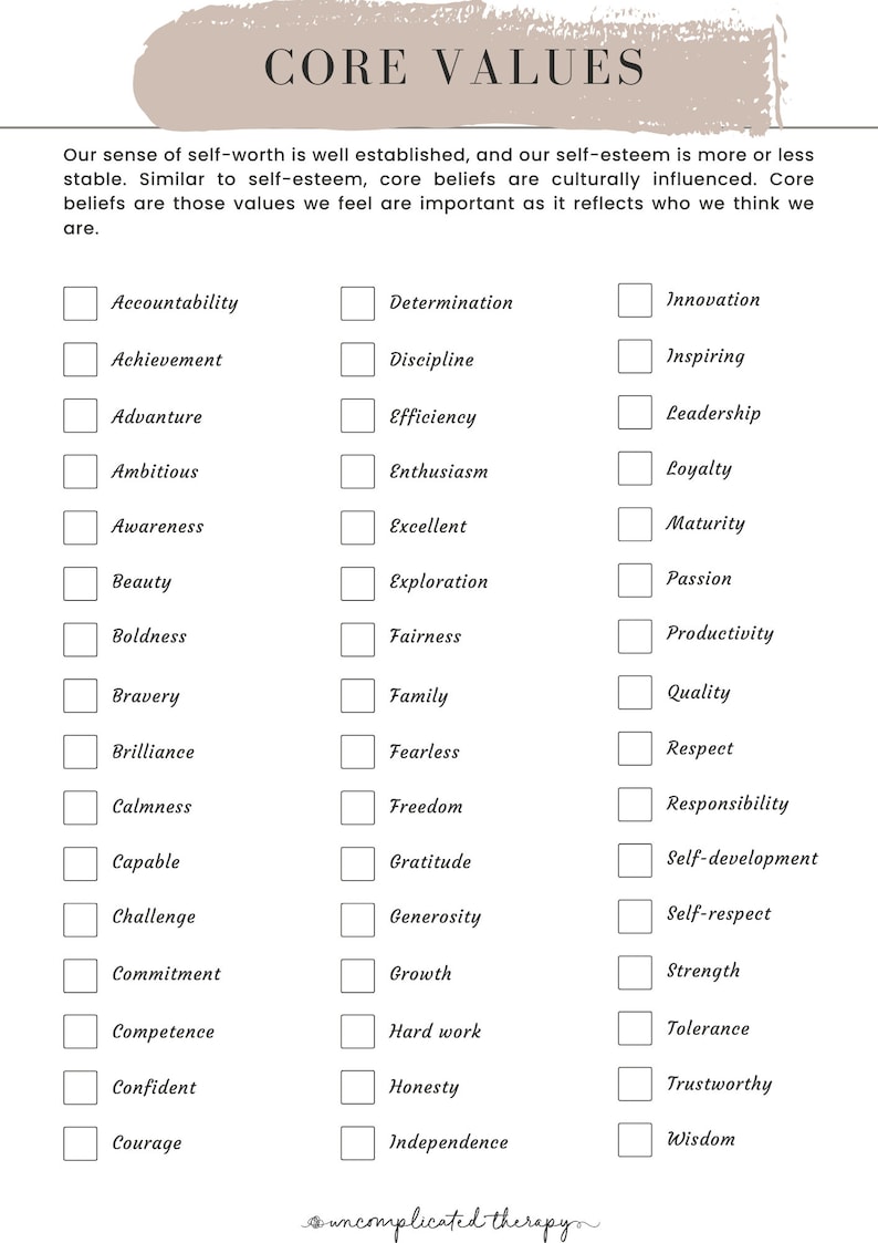 Core values therapy worksheets counseling resources psychology cbt