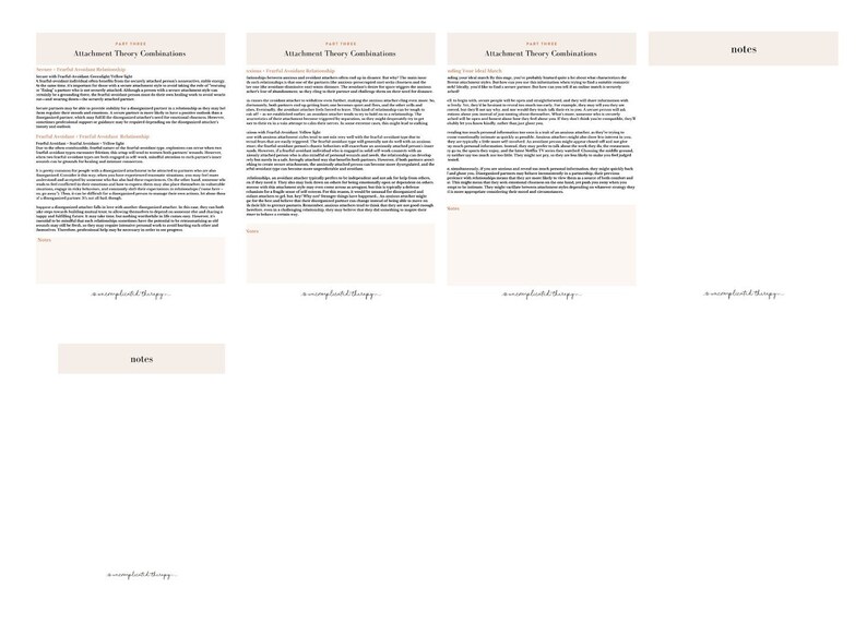 May include: A digital document with text titled "Attachment Theory Combinations" and "notes" in a minimalist design. The document features a cream-colored background with black text and the phrase "a complicated therapy" in a script font.