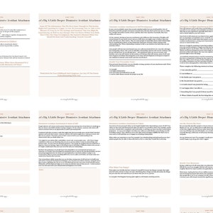 May include: A printable worksheet with the title "Dig a Little Deeper: Dismissing Avoidant Attachment" in a light brown font. The worksheet is divided into four sections, each with a different question or prompt. The worksheet is designed to help people understand their own attachment style and how it affects their relationships.