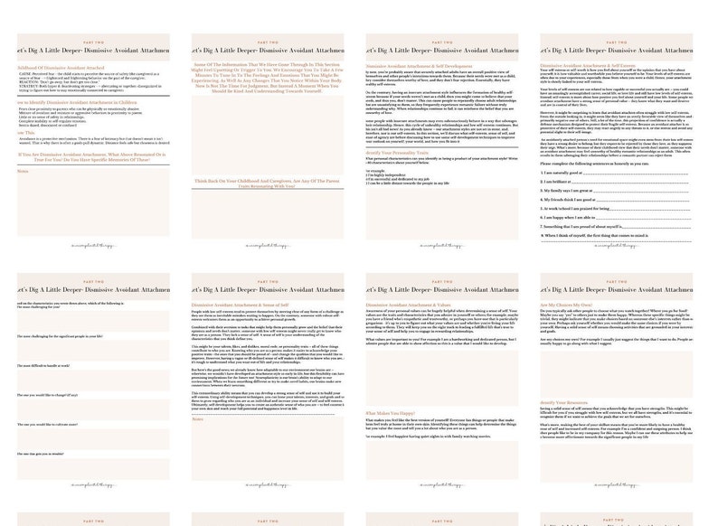 May include: A printable worksheet with the title "Dig a Little Deeper: Dismissing Avoidant Attachment" in a light brown font. The worksheet is divided into four sections, each with a different question or prompt. The worksheet is designed to help people understand their own attachment style and how it affects their relationships.