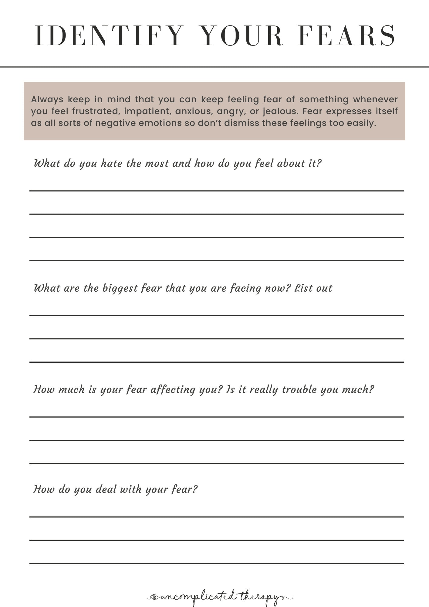 Identifying Your Fears Worksheet For Therapists, Counselors, and