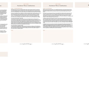 May include: A printable worksheet with the title "Attachment Theory Combinations" divided into four sections: "Anxious Relationship", "Dismissive Relationship", "Seeking from Others", and "Notes". Each section contains text about attachment theory.