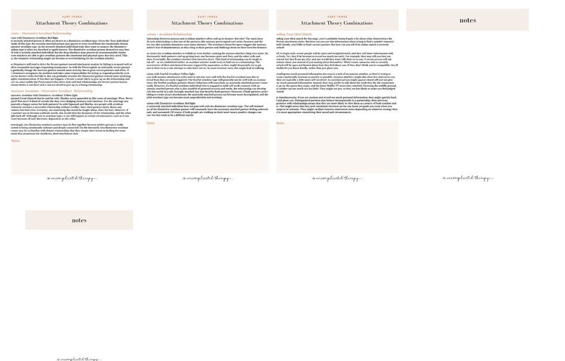 May include: A printable worksheet with the title "Attachment Theory Combinations" divided into four sections: "Anxious Relationship", "Dismissive Relationship", "Seeking from Others", and "Notes". Each section contains text about attachment theory.