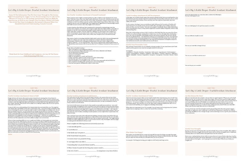 May include: A collection of beige-colored worksheets with the title "Let's Dig a Little Deeper: Fearful Avoidant Attachment" in a serif font. The worksheets contain text and prompts related to self-assessment and relationships.