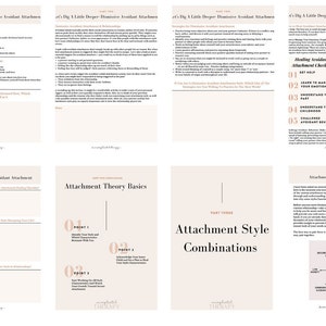 May include: A beige and white printable worksheet with the text "Attachment Theory Basics" and "Attachment Style Combinations". The worksheet includes numbered points and a diagram with four quadrants.