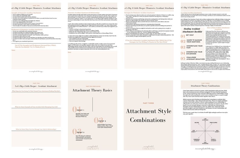 May include: A beige and white printable worksheet with the text "Attachment Theory Basics" and "Attachment Style Combinations". The worksheet includes numbered points and a diagram with four quadrants.
