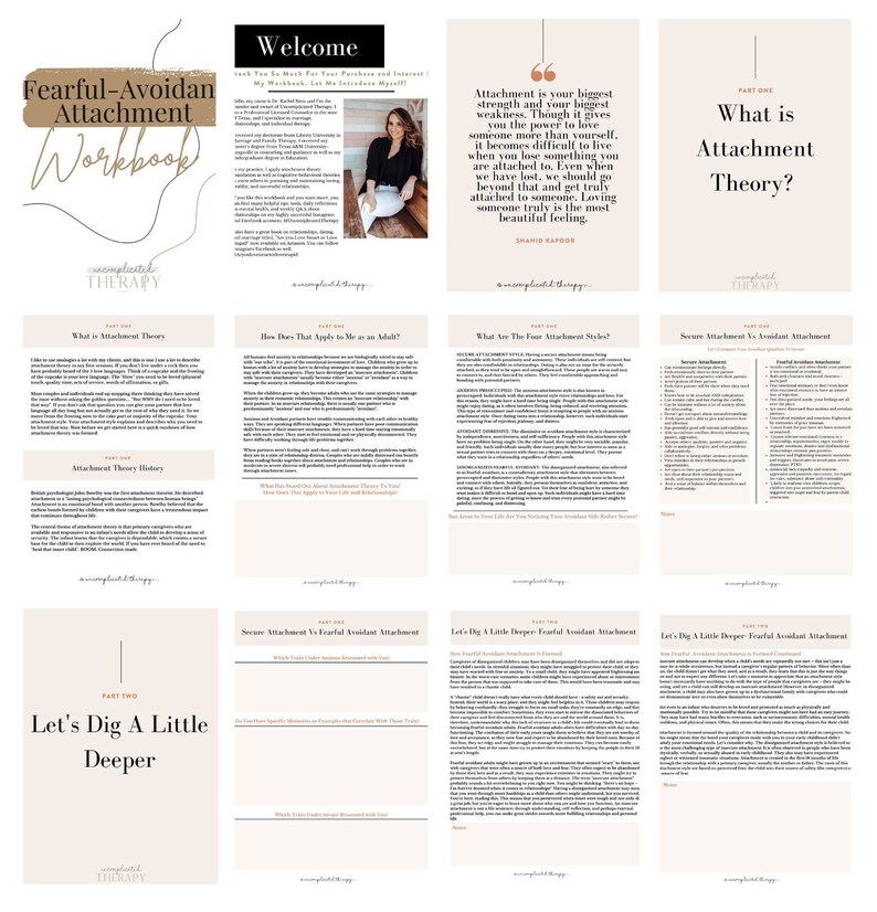 May include: A workbook titled "Fearful-Avoidant Attachment Workbook" with text and images. The cover features the title in a stylized font. Inside, there are pages with text and graphics discussing attachment theory and related topics.