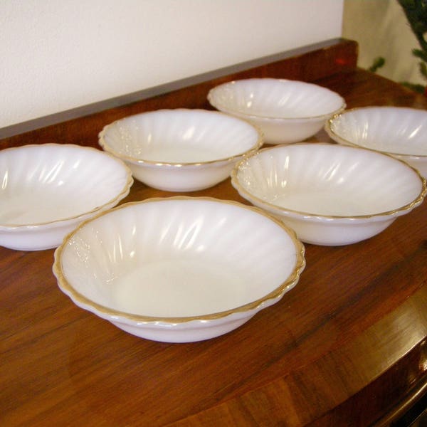 1950's Milk Glass Berry / Dessert Bowls ~ Gold Trim ~ Anchor Hocking USA ~ Set of 6 ~ Suburbia Pattern