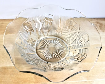 Bol/plat en verre de la Grande Dépression des années 1920 ~ Fabriqué par Jeanette Company ~ Motif iris et chevrons ~ Fabriqué aux États-Unis