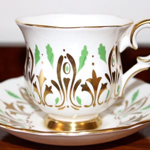 1960’s Crown Staffordshire Cup & Saucer ~ White, Green and Gold ~ Made in England