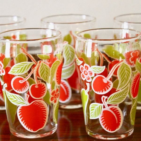 1950's Juice Glasses ~ Set of 5 ~ Red & Green Fruit ~ Mid Century ~ Retro