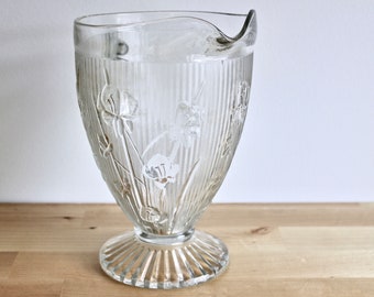 1920's Depression Crystal Glass Pitcher ~ Made  by Jeanette Company ~ Iris & Herringbone Pattern ~ Made is the USA