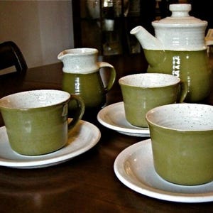 1970's J & G Meakin Set - Green and White Coffee Set - Stone Studio Ware ~ Coffee Pot, Coffee Cups and Saucers and Creamer