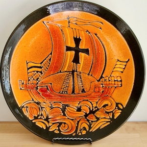 1970's Large 13.75" Signed Poole Pottery Dish/ Plate / Platter ~ Aegean Line ~ Seascape ~ Galleon Ship