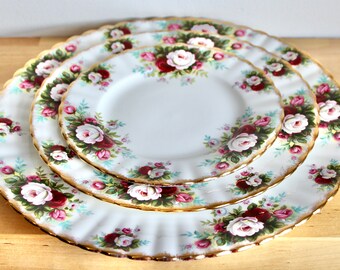 1970's Royal Albert Dinner Setting ~ Trio of Plates ~ Celebration Pattern ~ Pink Roses & Gold Gilt ~ Bone China