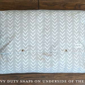 May include: A gray and white chevron patterned dog bed with heavy duty snaps on the underside. The bed has a white label with the word "remarkably" printed on it.