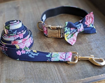 Navy Floral Pet Collar & Leash