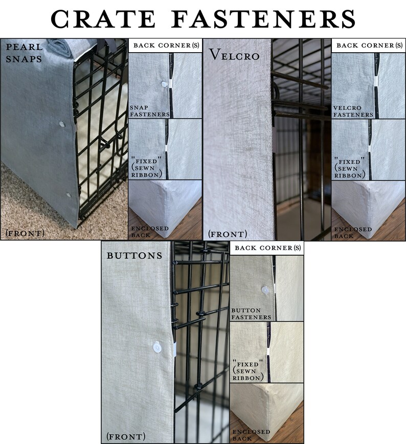 May include: A diagram showing different types of fasteners for a crate cover. The fasteners include pearl snaps, velcro, and buttons. The diagram shows the placement of the fasteners on the front and back of the crate cover.