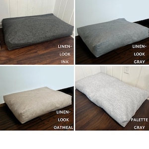 May include: Four dog beds in different colors and fabrics. The beds are rectangular and have a linen look. The colors are ink, gray, oatmeal, and palette gray.  LINEN-LOOK INK, LINEN-LOOK GRAY, LINEN-LOOK OATMEAL, PALETTE GRAY.