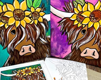 Highland Cow DIY Paint Kit, 11x14 Canvas, Beginners Paint Night