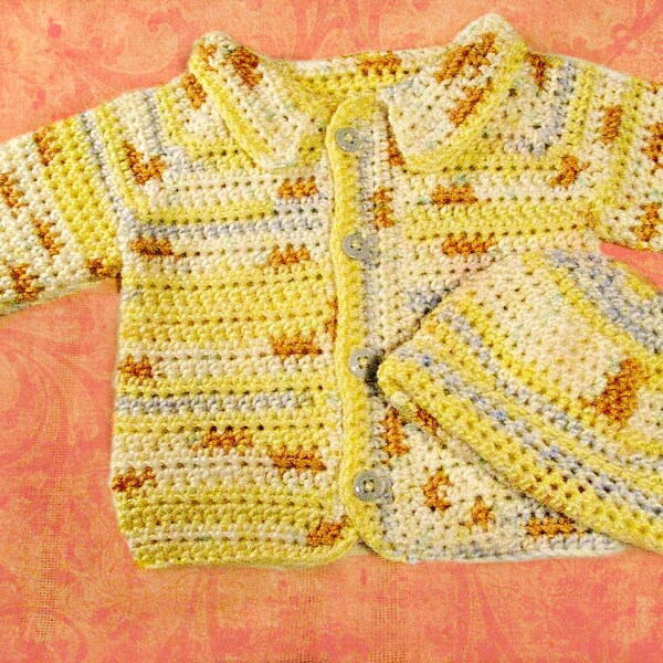 Crocheted  3-6 Month Baby Boy Mellow Yellow Variegated Sweater With Matching  Hat (READY TO SHIP)