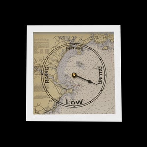May include: A nautical-themed tide clock with a white frame and a beige background. The clock face features a map with the words "High", "Low", "Rising", and "Falling" printed around the edge. A black hand points to the "Falling" section of the clock.