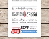 London themed wedding invitations, Red bus, British wedding invites, Modern simple printed design, Personalised alternative stationery