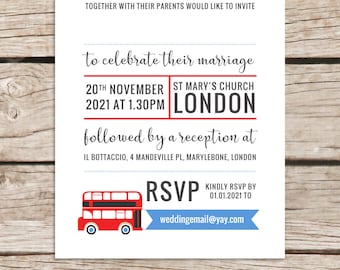 London themed wedding invitations, Red bus, British wedding invites, Modern simple printed design, Personalised alternative stationery