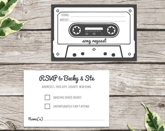 Cassette tape RSVP card / song request cards, Retro song request cards, RSVP cards, Music themed, Personalised wedding stationery