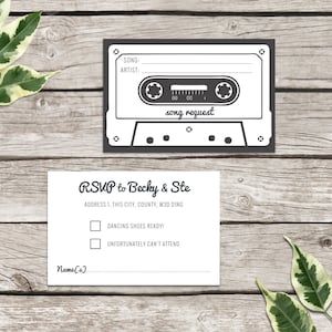 Carte RSVP sur cassette/cartes de demande de chanson, cartes de demande de chanson rétro, cartes RSVP, thème musical, papeterie de mariage personnalisée