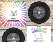 Retro 'vinyl' record CD wedding invitation, personalised CD record sleeves, custom vintage music themed invitations, handmade rainbow