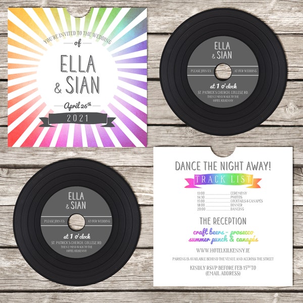 Retro 'vinyl' record CD wedding invitation, personalised CD record sleeves, custom vintage music themed invitations, handmade rainbow