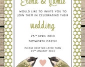 Polka dot wedding invitation, with hand illustrated birds