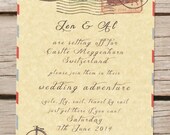 Travel theme wedding invitation, passport, vintage, destination wedding
