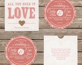 Cardboard disc 'CD' wedding invitation with sleeve. Coral and gold