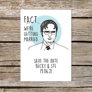 Dwight The Office US Wedding Save the Date Cards, Illustrated Save The Dates, Personalised Wedding Stationery with Envelopes, Eco Friendly