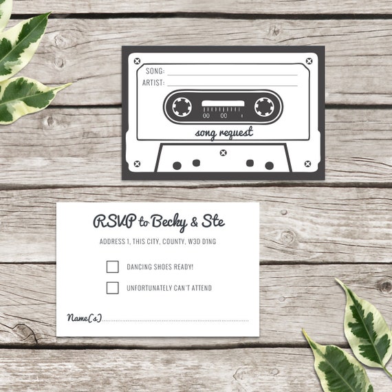 Cassette tape RSVP card / song request cards, Retro song request cards, RSVP cards, Music themed, Personalised wedding stationery