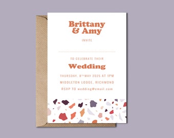 Terrazzo Design Wedding Invitations / Birthday Party Invitation With Envelopes, Earth Tones, Peach, Lilac, Multicoloured Wedding