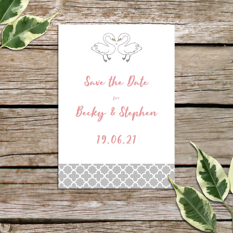 Fun Eco Friendly Cute Swans Design Save the Dates Swan Wedding Save the Date Cards Personalised Wedding Stationery Luxury Cards