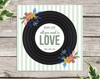 Retro vinyl record wedding invitation, personalised record invites, custom vintage music themed invitations, handmade, floral, music lovers