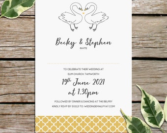 Swan Wedding Invitations, Cute Illustrated Invites, Rustic, Country Wedding, Classy, Luxury Wedding Stationery, Unique Modern Printed Design