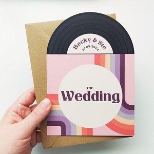 Retro Vinyl Record Design Wedding Invitations, Personalised Rainbow Invites, Custom Vintage Music Themed invitation, Retro Music Lovers