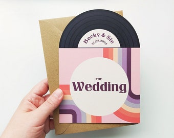 Retro Vinyl Record Design Wedding Invitations, Personalised Rainbow Invites, Custom Vintage Music Themed invitation, Retro Music Lovers