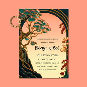 May include: A wedding invitation with a gold and green art deco design featuring a stylized tree and the text "YOU'RE INVITED TO THE WEDDING OF Becky & Sce 18TH JULY 2026 AT 1PM CHALCOT WOOD. HOCKLEY HEATH SOLIHULL B94 6SE FOLLOWED BY DINNER & A PARTY RSVP TO BECKY 07000000000"